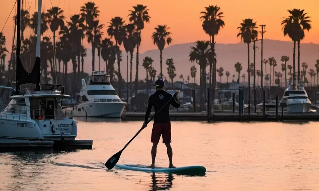 Paddleboarder at sunset with palm trees